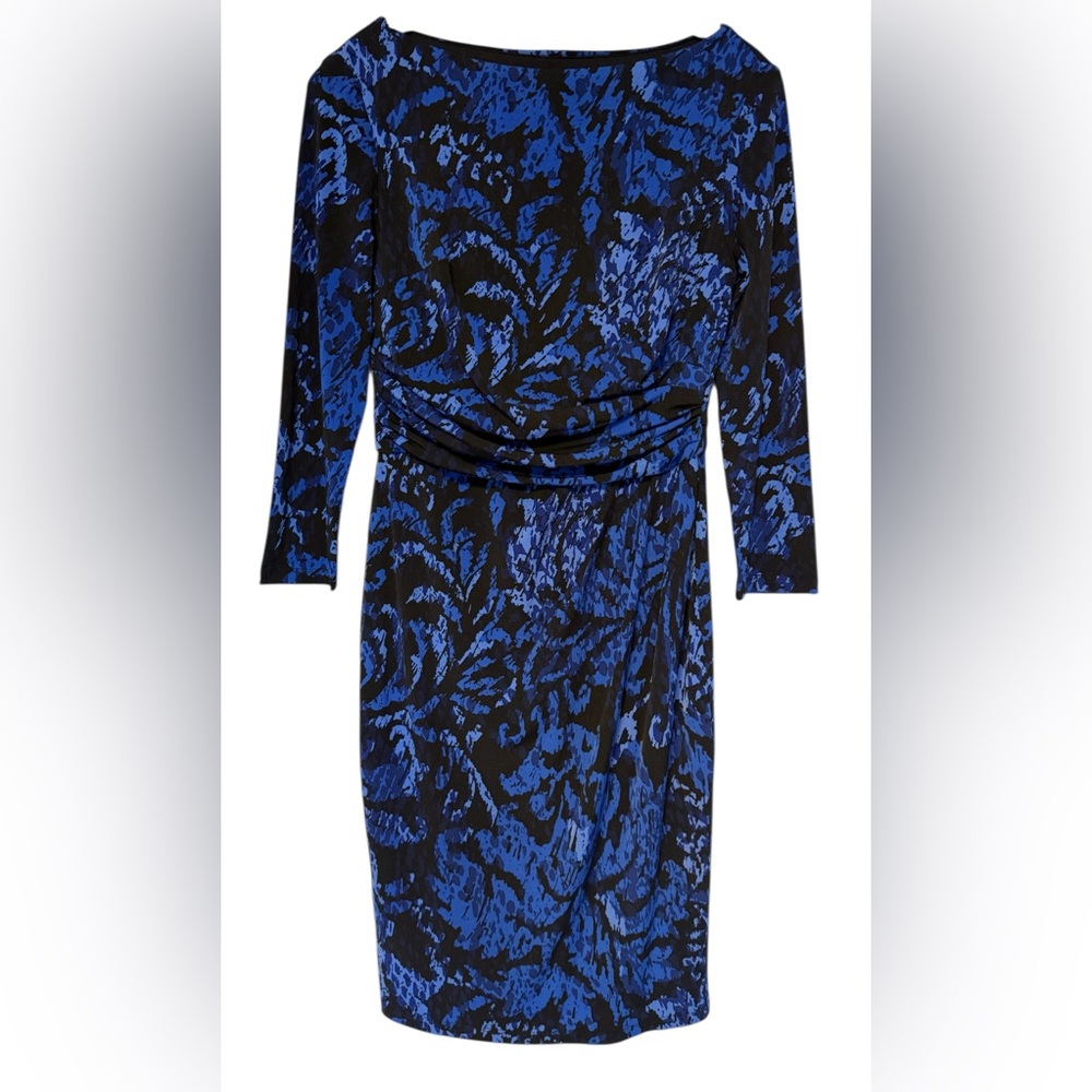 Chaps Blue Ruched Sheath Dress with Cowl Neck Blue/Black sz S